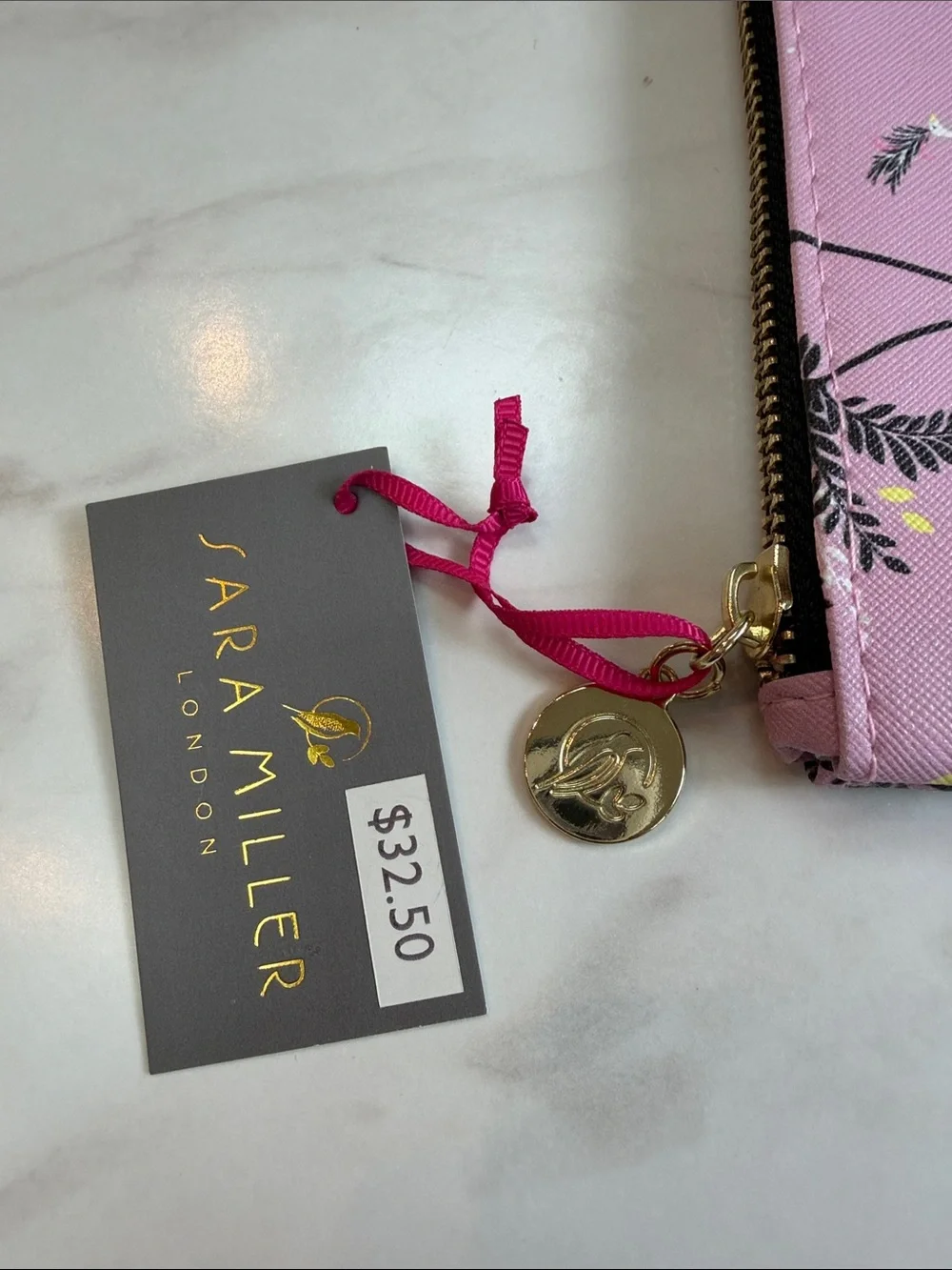 NWT Sara Miller Ostrich & Palms pink & gold large zipper pouch- preppy beach